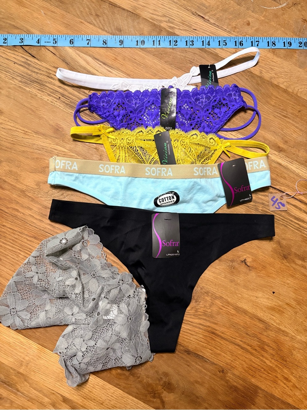 Sofra Mixed Lace & Cotton Thong pack Purple, Yellow, Aqua, Black, Gray, White